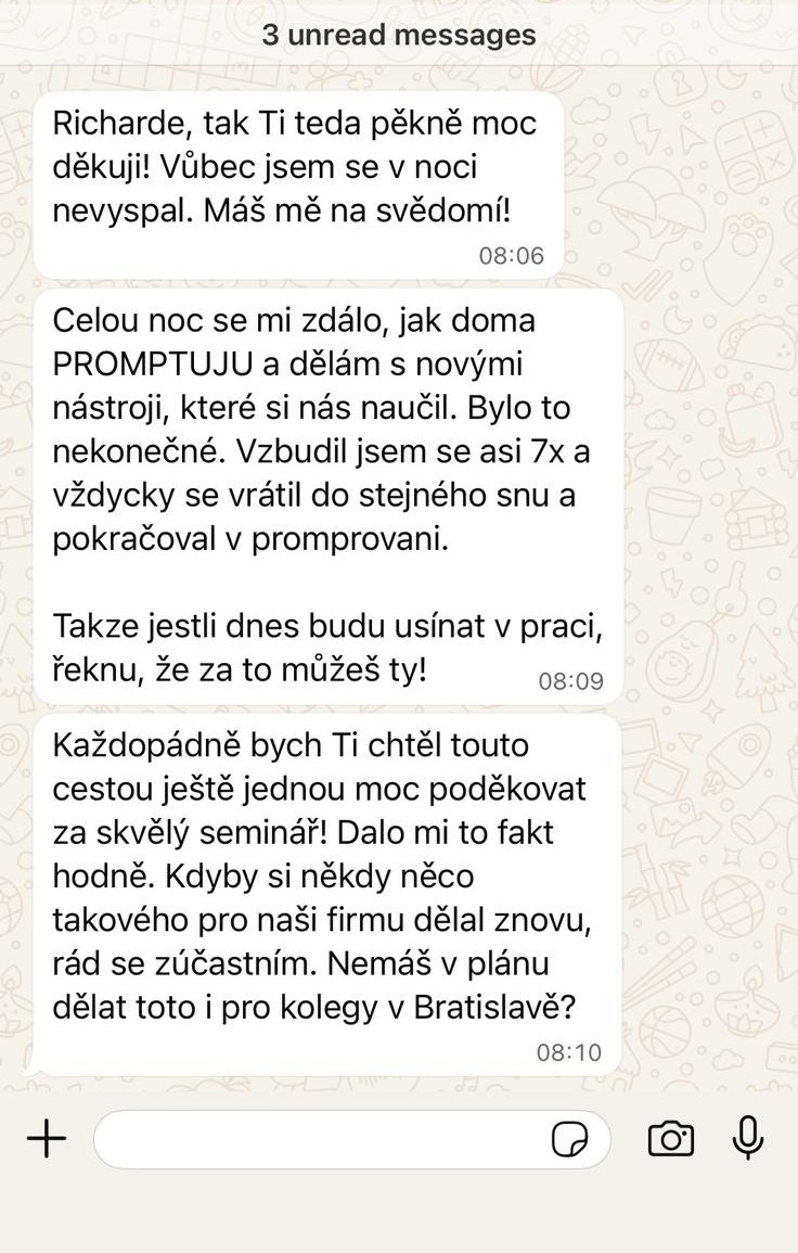 WhatsApp správa od účastníka workshopu